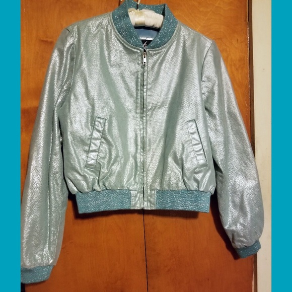 Vintage 90s AQUA Blue Glittery Metallic Leather Bomber Jacket NOS - Picture 4 of 9